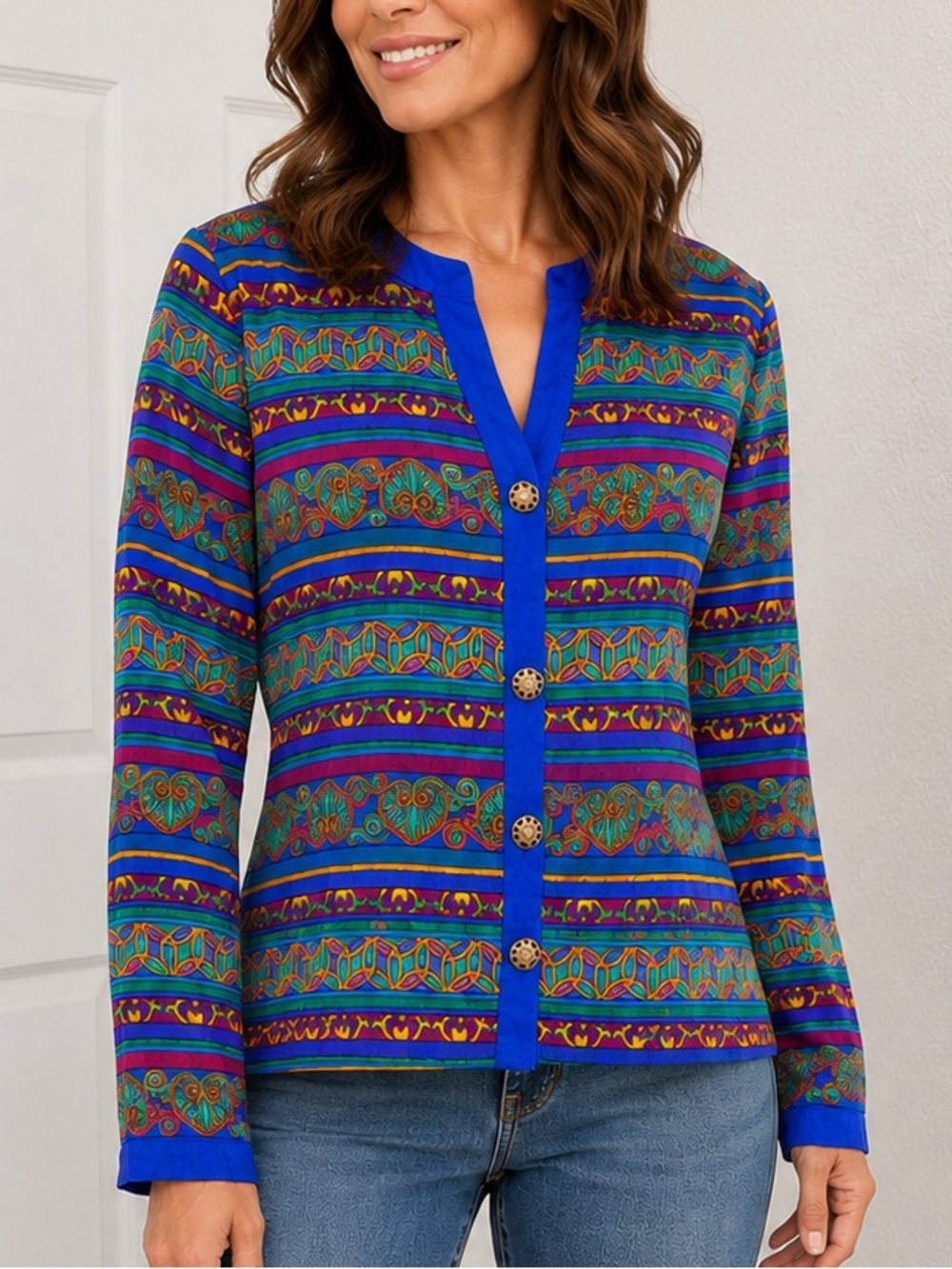 Adrianna Papell 100% silk Blue Multicolor Patterned Button-Front Cardigan 8